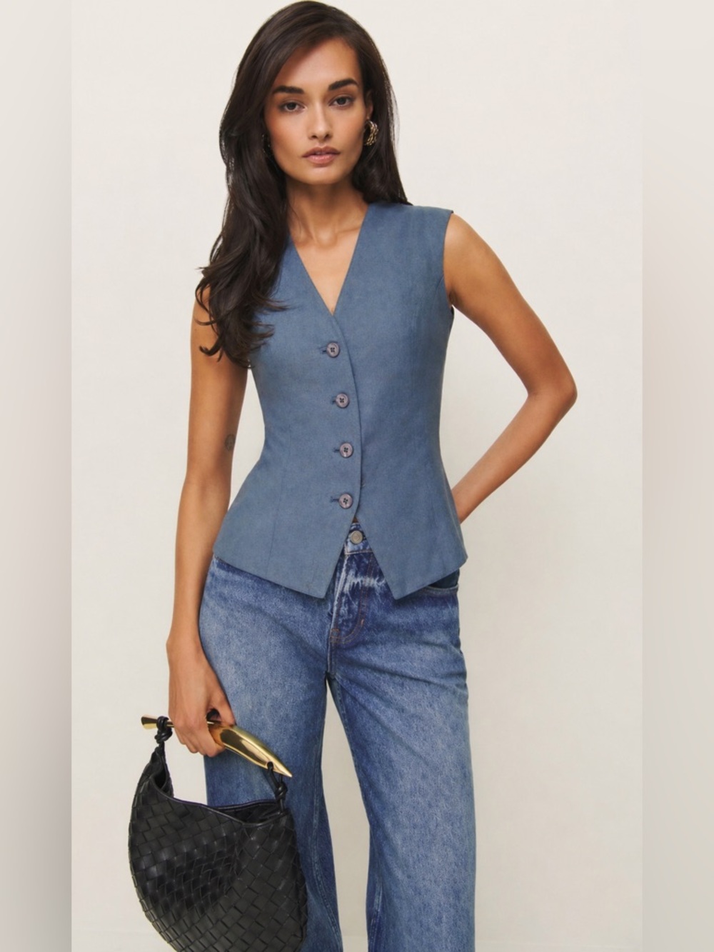 Vintage 90’s V-Neck Buttoned Linen Vest in Sky Blue, Minimalist Chic XS